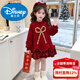 Disney girls New Year's dress winter 2025 new children's velvet sweatshirt dress medium and large children's winter clothing red New Year's greetings red velvet style fabric upgrade 110 cm