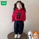 Mumuwu Girls' Velvet Autumn and Winter Clothes 2026 New Children's Casual Hooded Sweatshirt Cute Baby Thickened Warm Two-piece Set Red 90