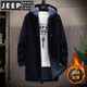 JEEP SPIRIT mid-length velvet jacket men's autumn and winter knitted sweater cardigan thickened hooded windbreaker men's jacket 8819 black M