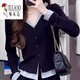 Woodpecker (TUCANO) large size fake two-piece V-neck long-sleeved T-shirt for women in spring and autumn fat MM slim-fitting bottoming shirt slimming cardigan new top Picture color L Recommended 100Jin Jin is equal to 0.5kg -120Jin Jin is equal to 0.5kg