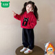 Mumuwu Girls' Velvet Autumn and Winter Clothes 2026 New Children's Casual Hooded Sweatshirt Cute Baby Thickened Warm Two-piece Set Red 90