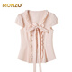 MONZO international high-end brand 2025 summer new pleated tops niche large bow fashion temperament short-sleeved shirt lotus root pink S