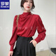ROMON shirt women's high-end temperament retro French shirt satin acetate professional light luxury fashion stand-up collar top high-end burgundy S