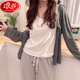 浪莎（LangSha）带胸垫睡衣女春秋款冬季长袖条纹2024新款慵懒风背心纯棉三件套装 728三件套带胸垫不可拆卸】 L 建议体重100-120斤】