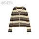 BSIEEBSiEE 2026 spring new long-sleeved neutral style design contrasting wide striped V-neck cardigan sweater pinecone brown nutshell M