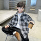 Children's clothing boys' shirts spring and autumn 2026 new spring clothing big children plaid boys spring coat shirt trend black 160
