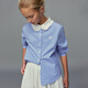 ELLE KIDS children's clothing lotus collar long-sleeved shirt girls spring new French college plaid embroidered top blue and white plaid 160 (S)