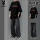 Playboy (PLAYBOY) pure cotton short-sleeved suit for men in summer with high street jeans for men, two-piece set for teenagers and students, trendy short-sleeved suit DK graffiti black + jeans black M recommended 85-105 Jin Jin equals 0.5 kg