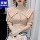 ROMON 2026 New Summer Doll Collar Puff Sleeve Plaid Shirt Women's Design Niche Waist Short French Top Green 3XL