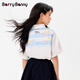 BARRY BANNY Girls 2026 Spring Loose Casual Medium and Large Children's Versatile Tops Printed Short-Sleeved Shirt Fresh Milk White 170