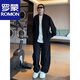 ROMON Summer Solid V-neck Jacket Casual Pants Men's and Women's Two-piece Loose Casual Sports Suit Black Suit Top + Pants M -130Jin Jin equals 0.5kg