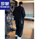 ROMON Summer Solid V-neck Jacket Casual Pants Men's and Women's Two-piece Loose Casual Sports Suit Black Suit Top + Pants M -130Jin Jin equals 0.5kg