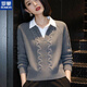 ROMON lapel bottoming shirt top spliced shirt collar sweater fake two-piece sweater for women 2026 new style loose and stylish gray M recommended 95-105Jin Jin equals 0.5 kg