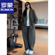 ROMON Summer Solid V-neck Jacket Casual Pants Men's and Women's Two-piece Loose Casual Sports Suit Black Suit Top + Pants M -130Jin Jin equals 0.5kg