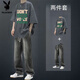 Playboy (PLAYBOY) summer pure cotton short-sleeved T-shirt suit for men with American high street denim trousers men's two-piece set two-piece set DON short-sleeved coffee + jeans black M high-quality original