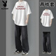 Playboy (PLAYBOY) pure cotton short-sleeved suit for men in summer with high street jeans for men, two-piece set for teenagers and students, trendy short-sleeved suit DK graffiti black + jeans black M recommended 85-105 Jin Jin equals 0.5 kg