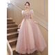 Mofu Pink Evening Dress for Women 2026 Banquet Temperament Light Luxury Niche Style French Fairy Spirit Adult Ceremony Examination Dress Pink Non-Beaded Mid-Length Style XS