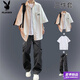 Playboy (PLAYBOY) men's 2026 suit handsome wear summer cool and handsome summer thin new trendy men's clothing boys students teenagers C91 white + light gray overalls + short-sleeved white L 100-115Jin Jin equals 0.5 kg