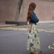 Keyin Kleid Frauenanzug 2025 Herbst- und Winter neuer Salztyp-modischer altersreduzierender Denimjacke Tinte-Malrock für Frauen-Denimjacke + Blumenrock [Set] XL