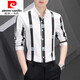 皮尔卡丹（pierre cardin）冰丝衬衫2025夏季男士潮流短.袖上衣青年条纹长袖衬衫休闲T.恤 701 -长.袖 XL 125-135斤