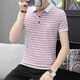 
NanYUQIU summer men's short-sleeved T-shirt striped Korean style trendy half-sleeved slim collared top clothes men's lapel 6636 brick red strips 2XL 135-150Jin [Jin equals 0.5 kg]