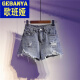 
Gebanya 2025 summer new bristled ripped denim shorts for women with high waist big slim wide-leg a-line hot pants trendy light blue 9767 L 110-120Jin [Jin equals 0.5 kg]
