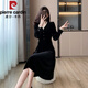 Pierre Cardin 2025 Herbst- und Winter Koreanische Version des Promi-Temperaments Velvet V-Ausschnitt Longärmedose Schwarzes kleines Kleid Frauen-Basisrock Langer Rock Schwarz 2xl