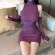 忆静萱（YIJINGXUAN）欧美性感露肩高领紧身长袖连衣裙女秋冬收腰褶皱气质袖套包臀夜店 主图款 M 95-105斤