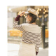 Inman spring and autumn new style lace round neck simple and versatile slim artistic striped pullover sweater top [F1803937] red and white striped M
