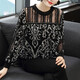Shanido Roga Fett Plus Size Women's Langarm Fett MM Spring und Herbst New Lose Spitzenpullover Top Chiffon -Hemd 15263 Schwarz XL - Empfohlen 90-115jin [Jin gleich 0,5 kg] zum Tragen