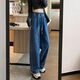 FSHE drawstring jeans for women Spring and Autumn 2025 new elastic high waist wide-leg pants loose and slim straight pants for women Blue [dark blue] 7027 S (recommended 85-95Jin [Jin equals 0.5 kg])