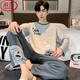 Langsha spring and autumn pajamas men's cotton long-sleeved trousers new cotton round neck young students can wear home clothes set