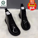 Woodpecker genuine leather thick heel short boots for women 2025 winter fashion patent leather lace-up Martin boots for women warm snow boots for women black plus velvet 36