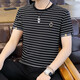 Juecho Pure Cotton New Striped Short Sleeve T-Shirt Herren Sommer Trendy Slim Sweatshirt Korean Round Neck T-Shirt Top Black XL (125jin [Jin entspricht 0,5 kg] -140jin [Jin gleich 0,5 kg]))