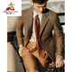 Scarecrow Casual Wollanzug Herren großer Retro-Fischknochenmuster Fischgröße Wollmantel Schlanker langärmeliger Gentleman-Anzug brauner Plaid 4xl (220jin [Jin entspricht ca. 0,5 kg])
