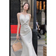 Con el estilo puro y retro de la falda de cola de satén para mujeres, vestido de fiesta de cumpleaños de halter francés nuevo estilo francés 9718 Off White M