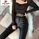 皮尔卡丹（pierre cardin）加绒皮裤女秋冬新款高腰外穿打底裤哑光显瘦紧身小脚铅笔裤子 现货/系带皮裤【9921款】 加绒 S 【80-95斤】卡码往大拍
