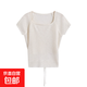 Ninggu Wei Korean style new summer ice silk strap short-sleeved sweater for women pure lust hot girl right shoulder design top apricot sweater one size