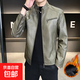 男士高档立领皮衣秋冬季新款时尚痞帅夹克加绒加厚休闲百搭皮夹克 军绿色 【加厚】 L
