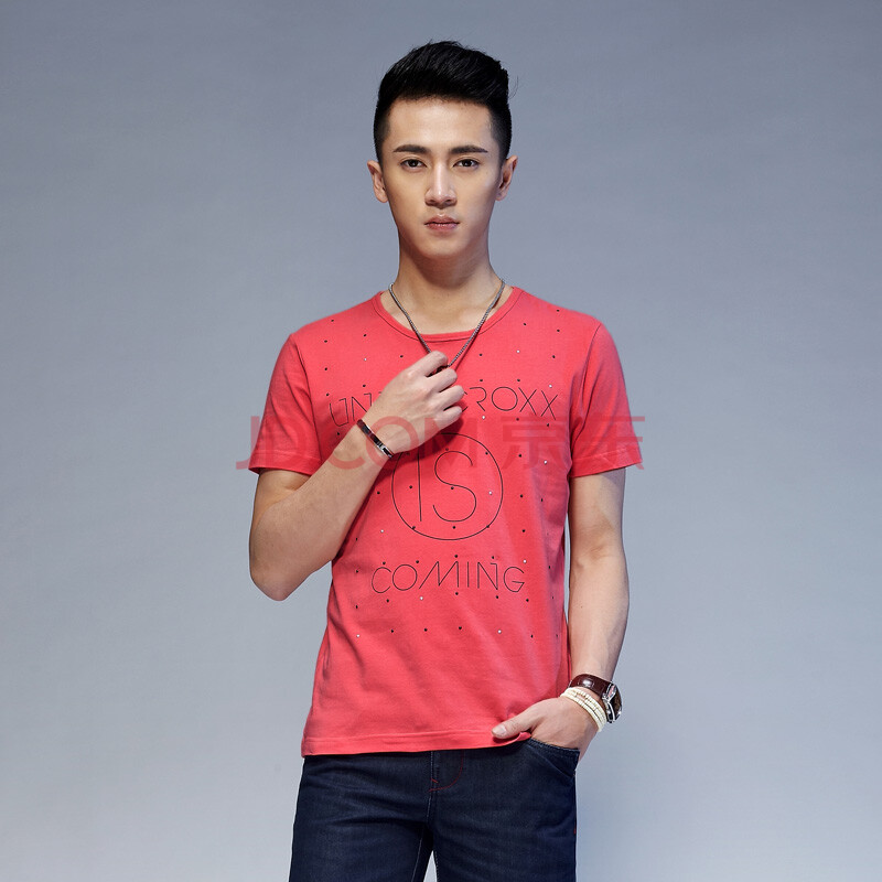 夏装新品 唐狮正品男前胸铆钉字母印花圆领t恤i460 原价119 092/深麻