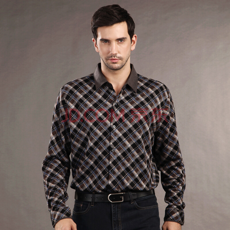 慕灵 男士衬衫新款 中年男士衬衫 春季长袖格子衬衣衬衫男 百搭 深