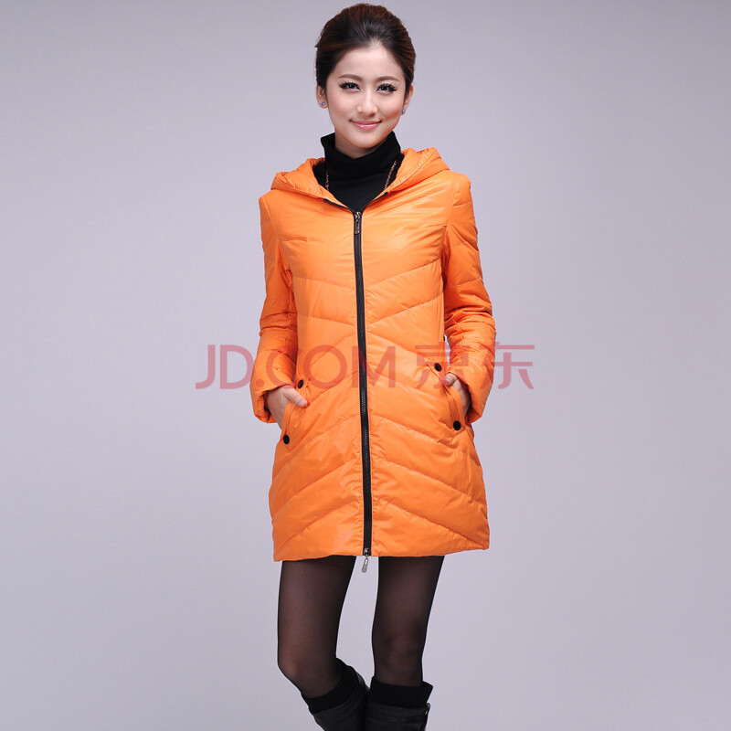 芙蓉妮专柜正品2013冬装女装 韩版大码糖果色修身中长款连帽女士羽绒