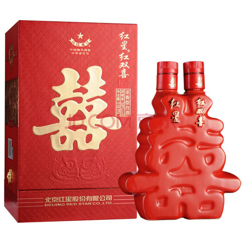 北京红星二锅头 38度 红星红双喜酒 518ml 浓香型婚庆用酒