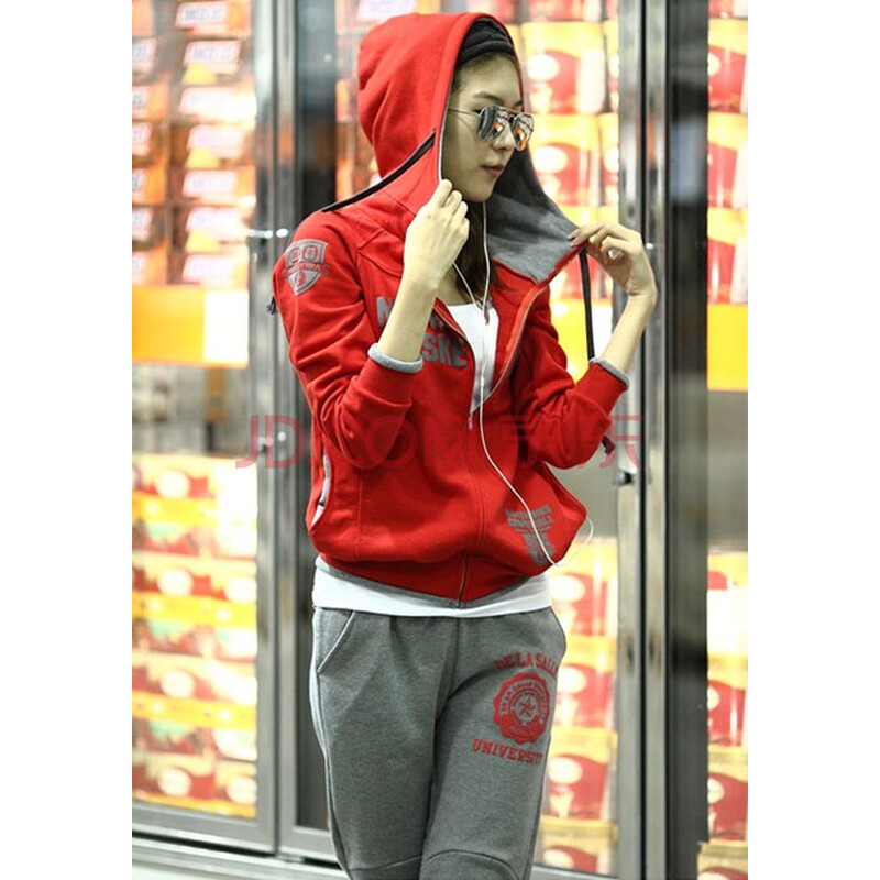 秋冬卫衣休闲套装 连帽拉链带帽宽松运动服有大码潮上衣红色裤子灰色