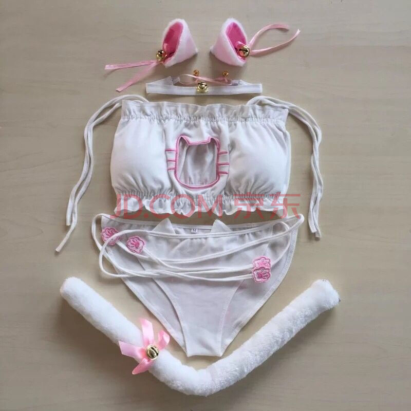 日系动漫周边cosplay猫咪内衣套装可爱镂空开胸耳朵软妹文胸套装 白色