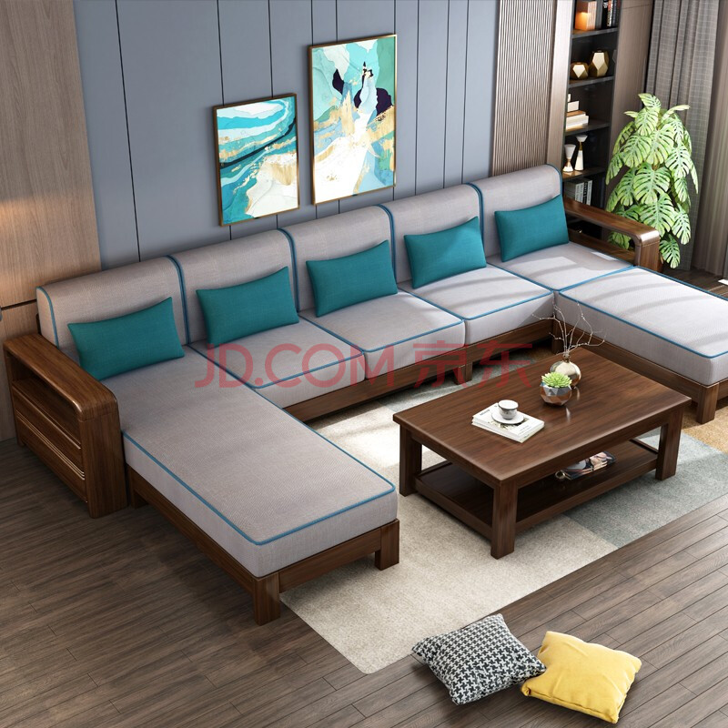 新中式胡桃木沙发客厅整装家具实木布艺沙发123组合沙发 五人位 连体