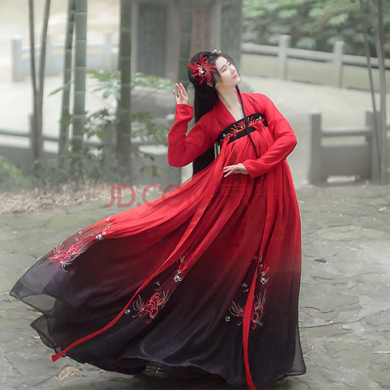 【原创】千年祈渐变红黑彼岸花齐胸襦裙齐腰6米裙摆汉服 齐胸红上襦红