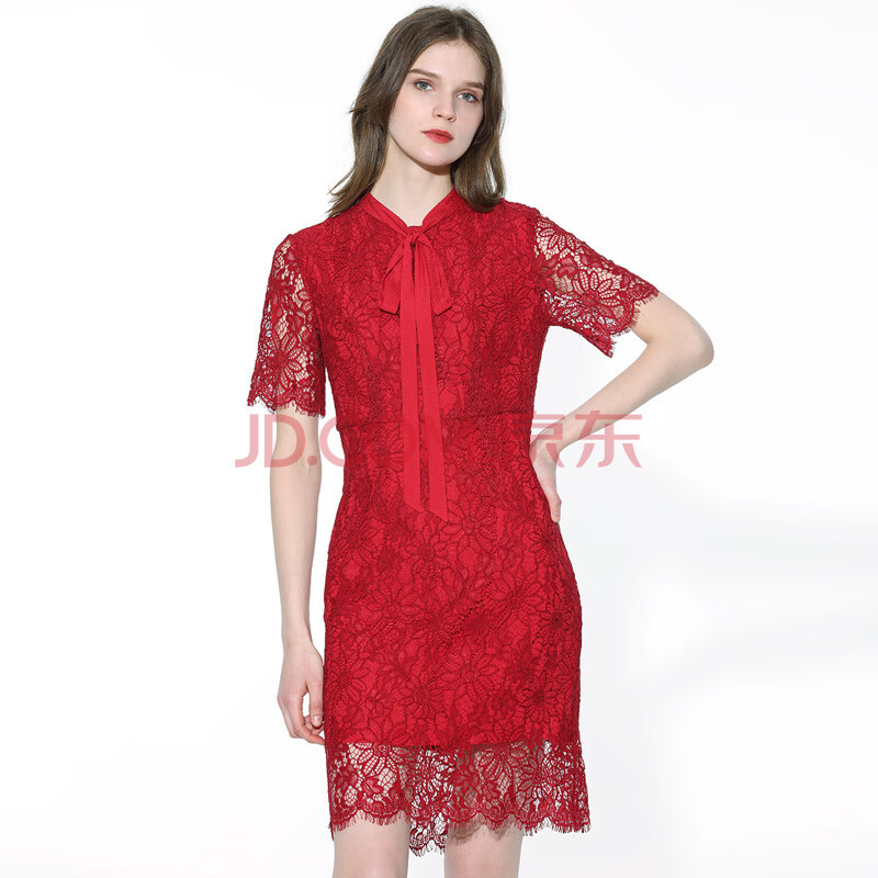landi蓝地女装蕾丝高腰修身连衣裙lsql817 红色 s
