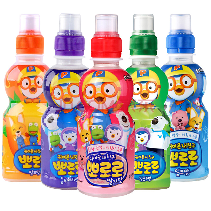 韩国进口宝露啵乐乐水果味饮料235ml*5瓶草莓葡萄芒果牛奶桃味果汁