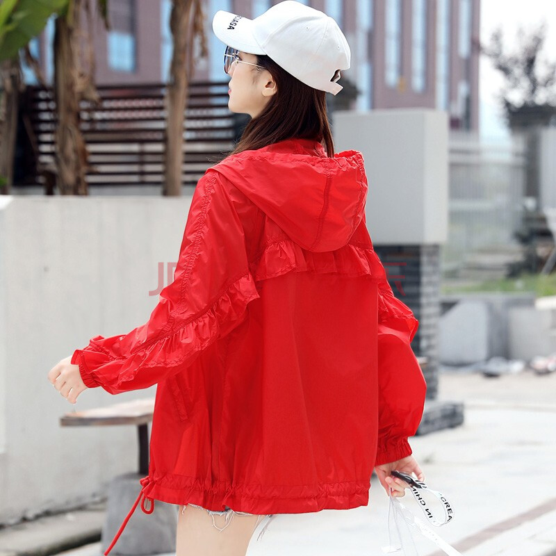 衣女2020夏季新品宽松百搭女士防晒服抽绳下摆轻薄外套女小风衣 红色